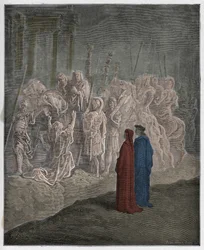 Purgatório, canto 10: As esculturas de mármore que representam o orgulho, ilustração de A Divina Comédia de Dante Alighieri, 1885
